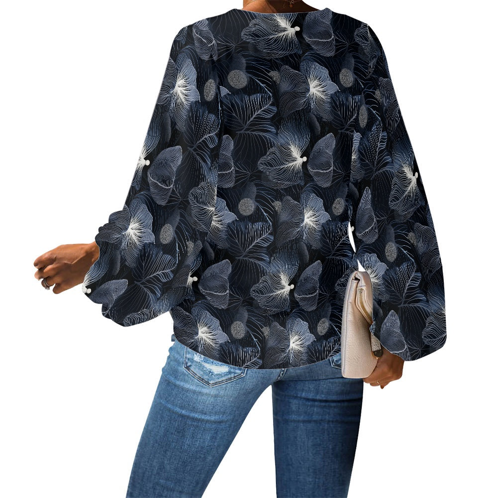 V-Neck Puff Sleeve Chiffon Blouse