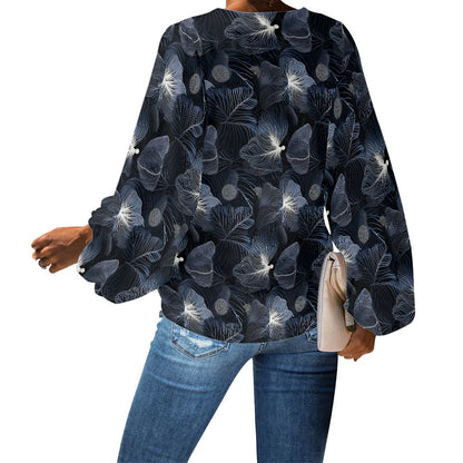 V-Neck Puff Sleeve Chiffon Blouse