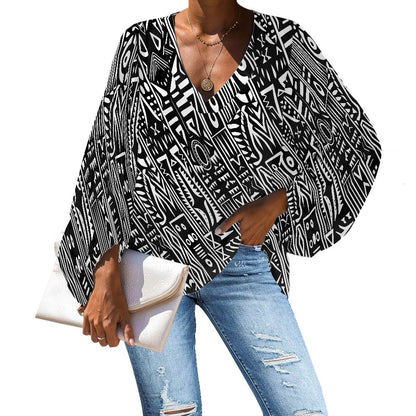 Black and White Tribal Art Pattern V-Neck Chiffon Puff Sleeve Blouse by Luxtrini 4XL
