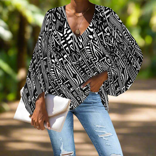 Black and White Tribal Art Pattern V-Neck Chiffon Puff Sleeve Blouse by Luxtrini
