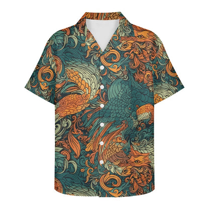 Luxtrini Men’s Dragon and Phoenix Aloha Shirt – Eco Hawaiian Button-Up with Artistic Mythology Print (2XS–7XL) white