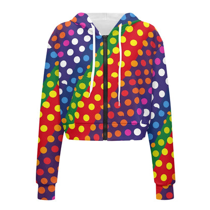 LGBTQ-Friendly Rainbow Polka Dot Women's Long Sleeve Short Hooded Sweatshirt by Luxtrini white