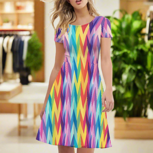 LGBTQ Rainbow Chevron's Women Scoop Neck Short Sleeve Ruffle Dress