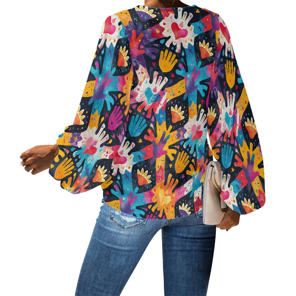 V-Neck Chiffon Puff Sleeve Blouse by Luxtrini
