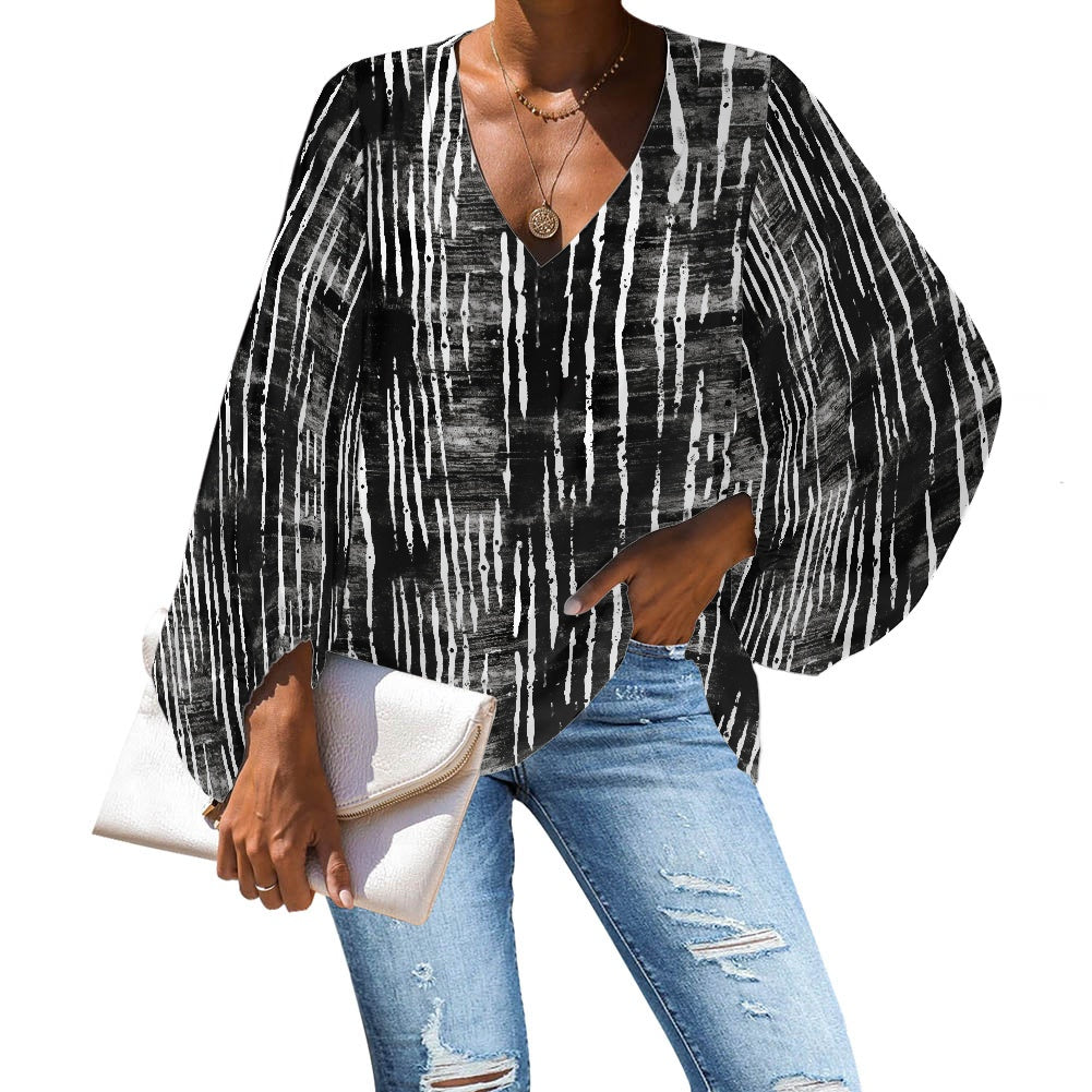 Black and White Mudcloth V-Neck Chiffon Puff Sleeve Blouse by Luxtrini 4XL