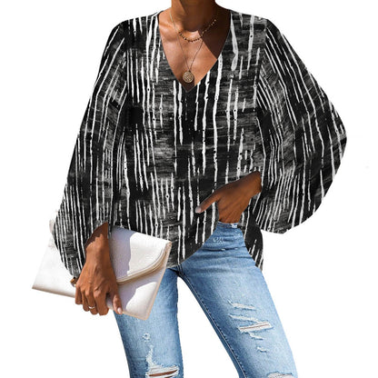 Black and White Mudcloth V-Neck Chiffon Puff Sleeve Blouse by Luxtrini 4XL