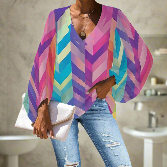 V-Neck Chiffon Puff Sleeve Blouse with Geometric Rainbow Patterns – Bold and Stylish by Luxtrini