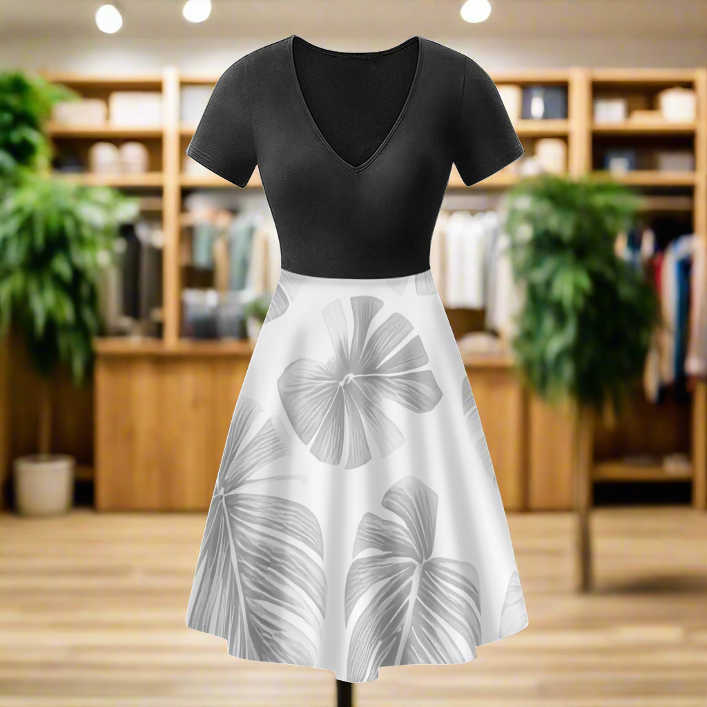 White Monstera Black V-Neck Ruffle Bottom Dress