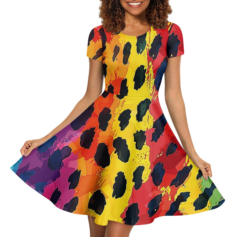 Women Scoop Neck Short Sleeve Ruffle Dress