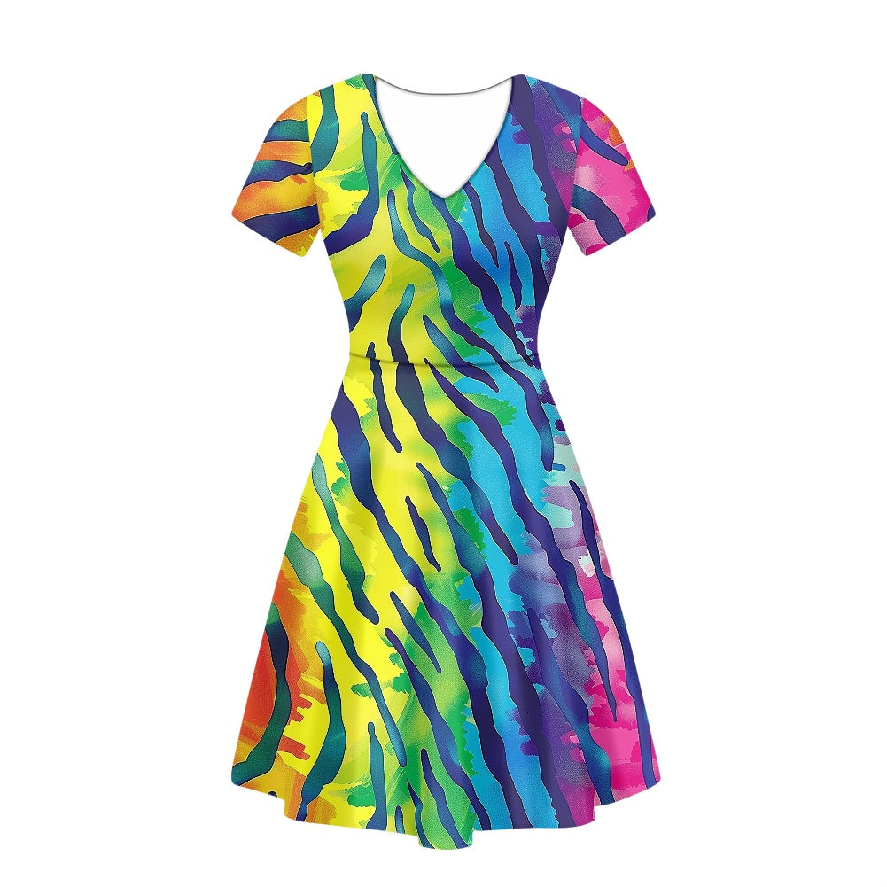 Rainbow Animal Print Women V-Neck Short Sleeve Ruffle Dress white
