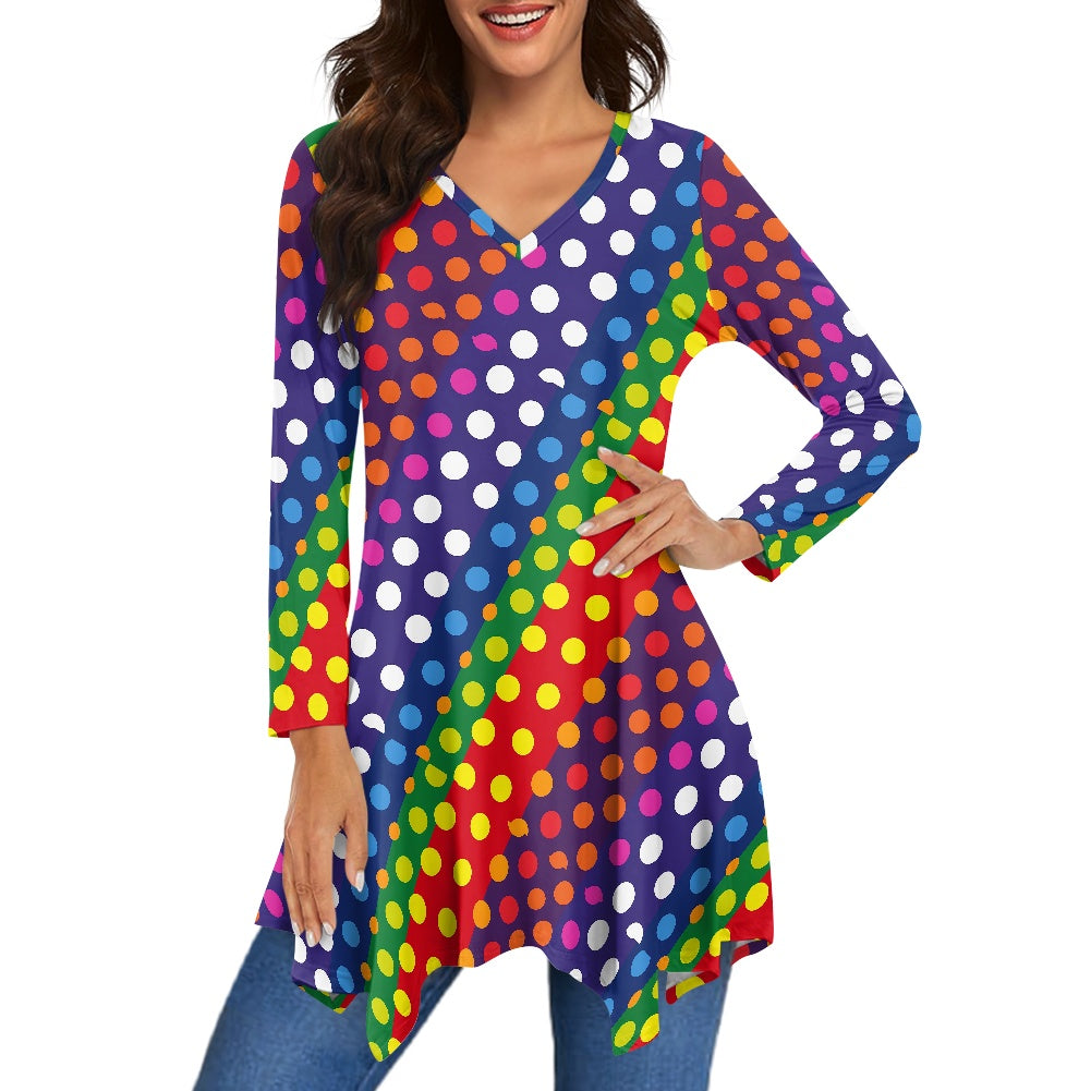 Rainbow Polka Dot Irregular V-neck top and skirt
