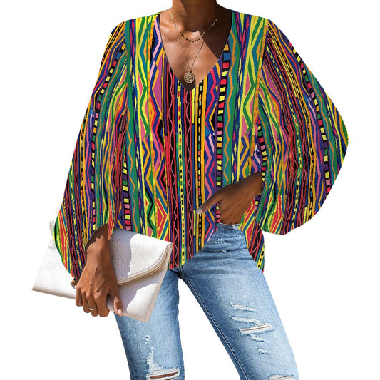 V-Neck Chiffon Puff Sleeve Blouse by Luxtrini 4XL