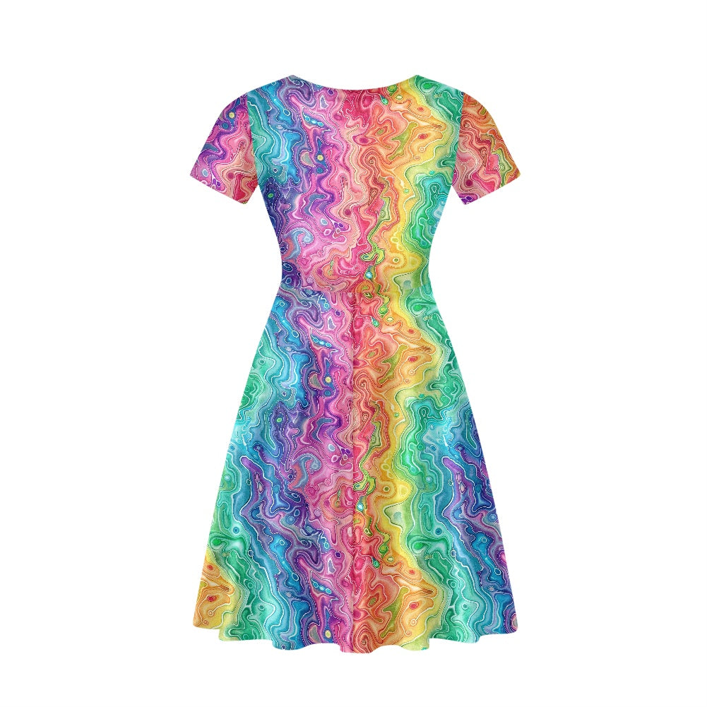 Rainbow Women V-Neck Short Sleeve Ruffle Dress