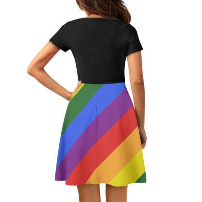 Rainbow Women short Sleeve Black Ruffle Dress