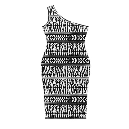Discover Elegance: Luxtrini's One-Shoulder Slim Dress - B&W African Ethnic white