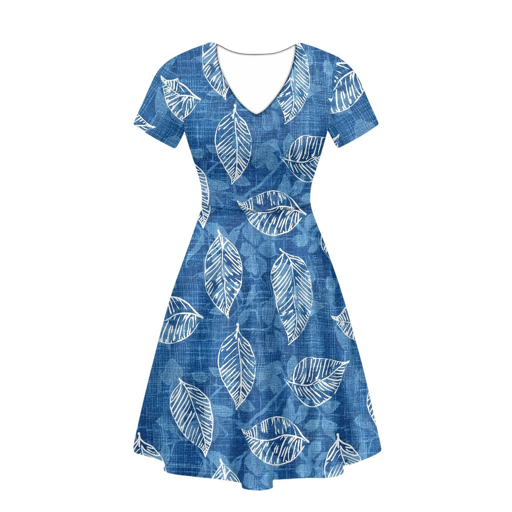 Blue Leaves Women V-Neck Short Sleeve Ruffle Dress white