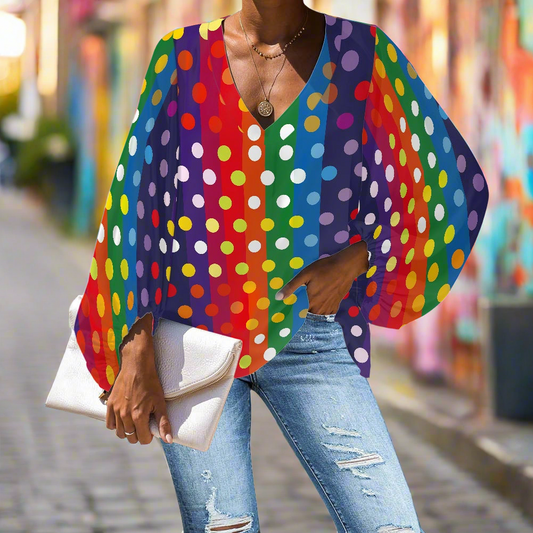 Polka Dots on Rainbow Stripes V-Neck Chiffon Puff Sleeve Blouse – LGBTQ+ Polka Dot Pattern by Luxtrini