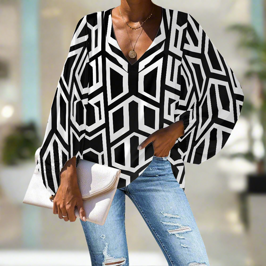 Geometric Black and White Shapes V-Neck Chiffon Puff Sleeve Blouse by Luxtrini