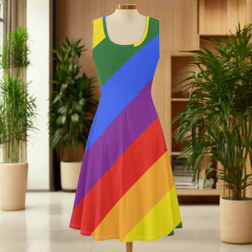 Rainbow Tank Dress for Women - Scoop Neckline, Sleeveless, Customizable, Perfect for Summer and Pride Events