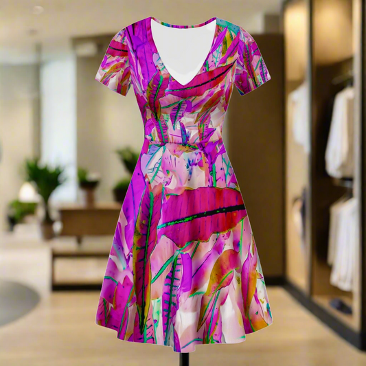 Purple Croton V-Neck Women Ruffle Bottom Dress