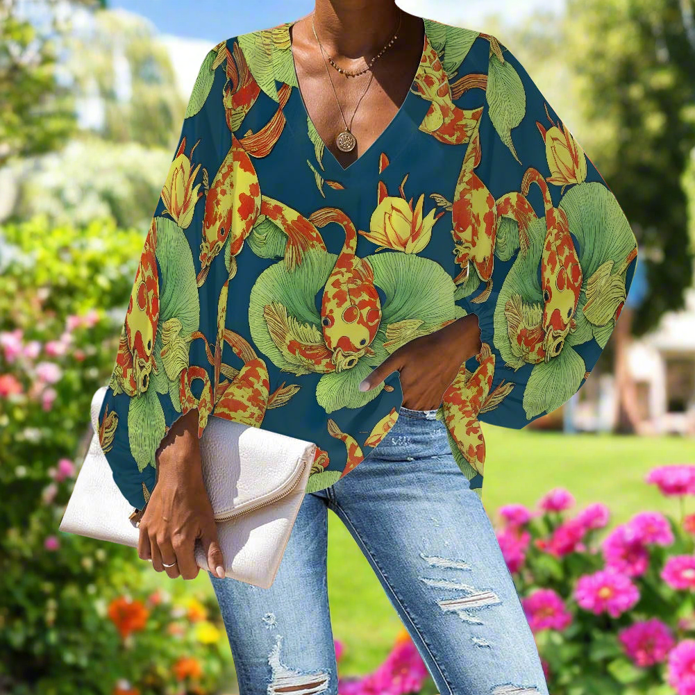 Koi Abstract V-Neck Chiffon Puff Sleeve Blouse by Luxtrini