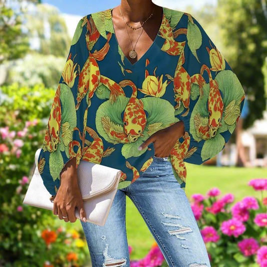 Koi Abstract V-Neck Chiffon Puff Sleeve Blouse by Luxtrini