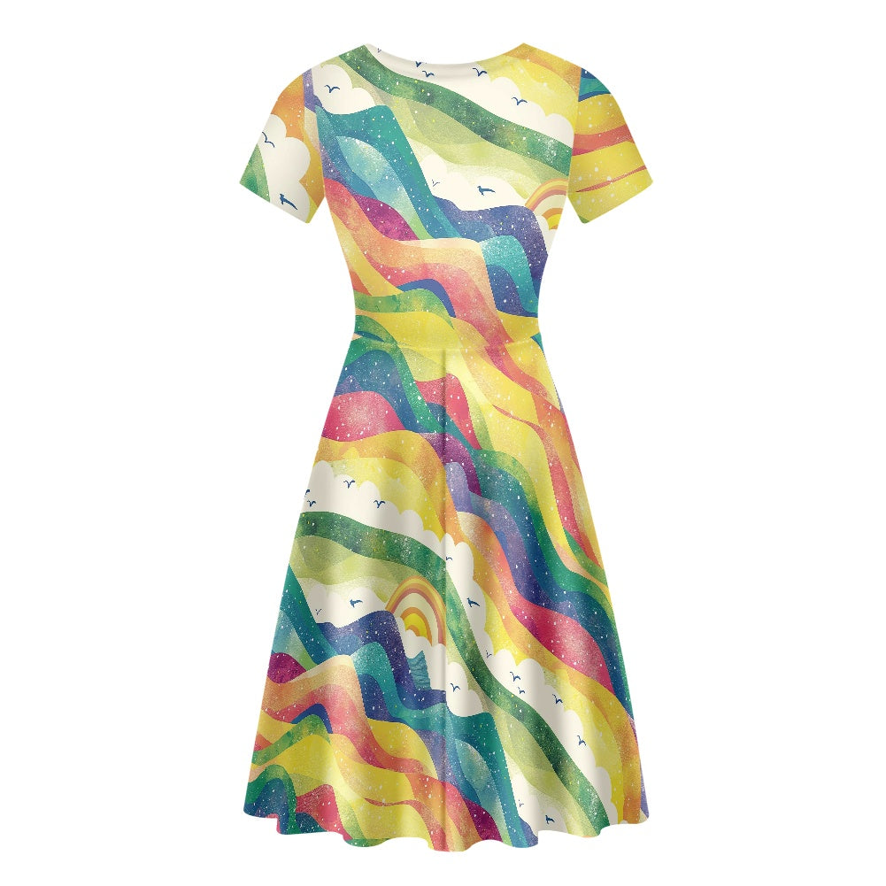 Women Scoop Neck Short Sleeve Ruffle Dress