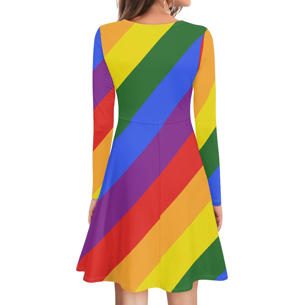 Rainbow V-Neck Long Sleeve Ruffle Dress