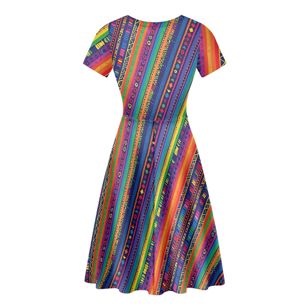 Luxtrini Womens Scoop Neck Short Sleeve Ruffle Dress with Ethnic Patterns and Rainbow Accents - Custom Handmade, Versatile and Stylish