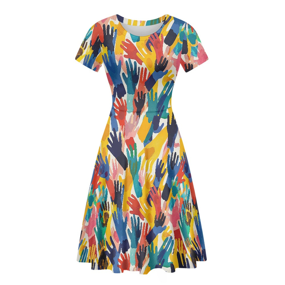 Women Scoop Neck Short Sleeve Ruffle Dress white