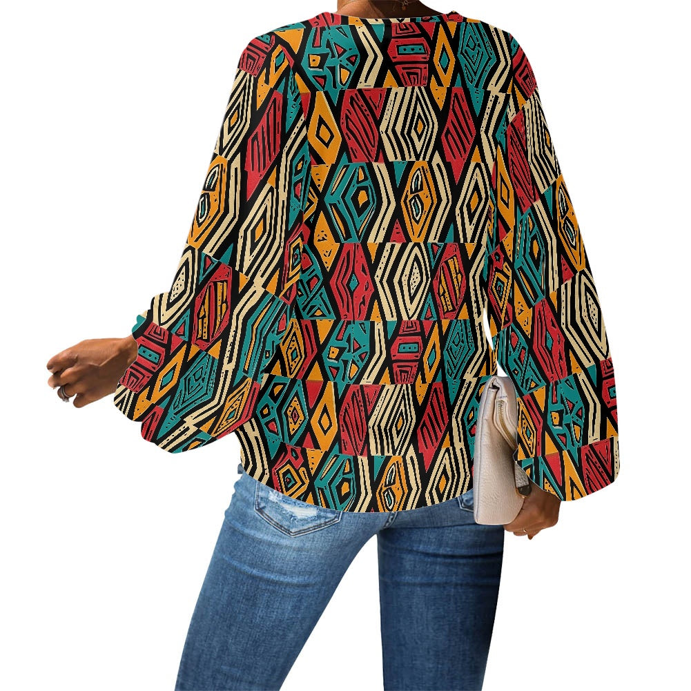 V-Neck Chiffon Puff Sleeve Blouse by Luxtrini