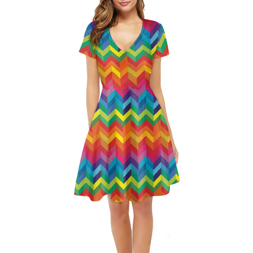 Rainbow Chevron Women V-Neck Short Sleeve Ruffle Dress