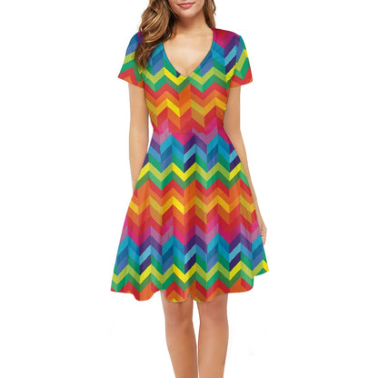 Rainbow Chevron Women V-Neck Short Sleeve Ruffle Dress