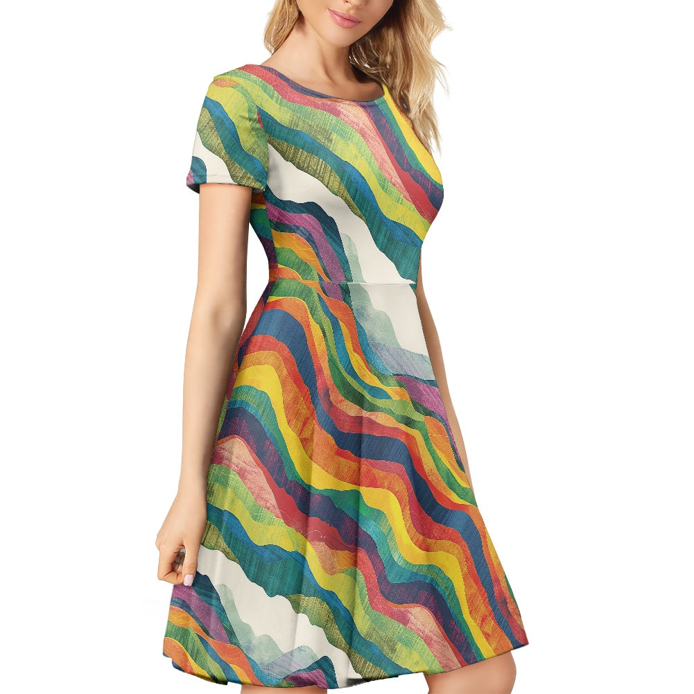Women Scoop Neck Short Sleeve Ruffle Dress