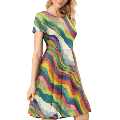 Women Scoop Neck Short Sleeve Ruffle Dress