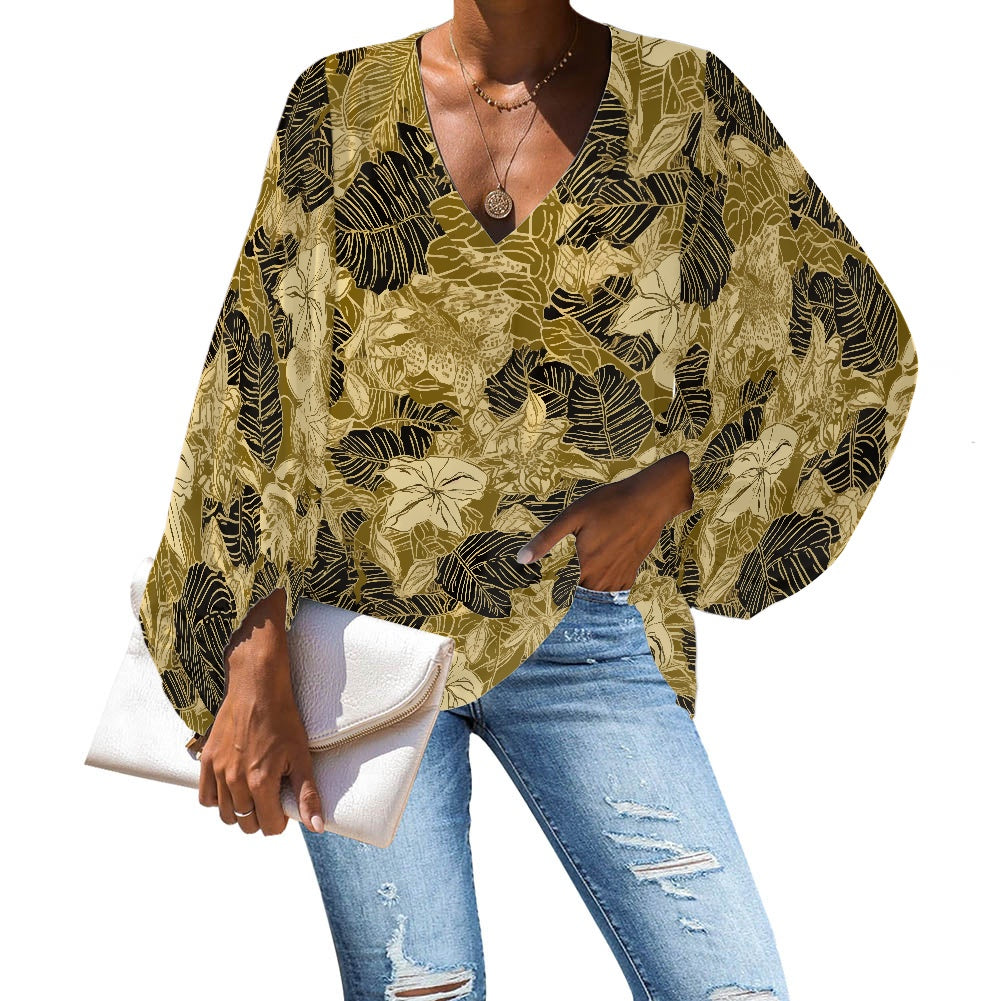 Chic Nature-Inspired Blouse – Gold and Black Floral Chiffon Puff Sleeve Top by Luxtrini 4XL