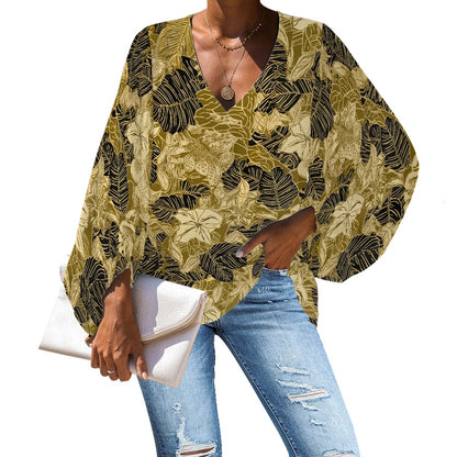 Chic Nature-Inspired Blouse – Gold and Black Floral Chiffon Puff Sleeve Top by Luxtrini 4XL