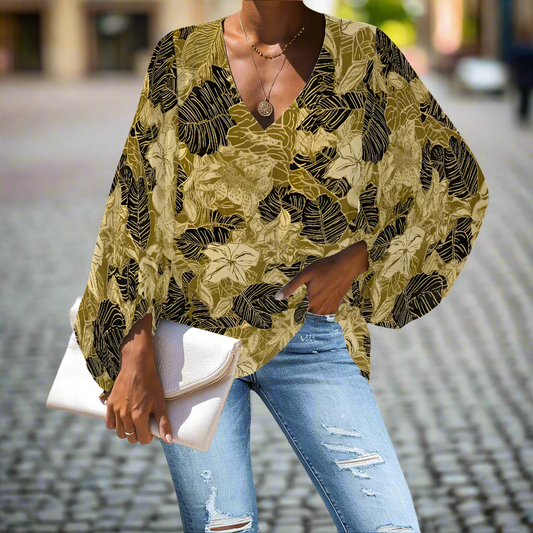 Chic Nature-Inspired Blouse – Gold and Black Floral Chiffon Puff Sleeve Top by Luxtrini