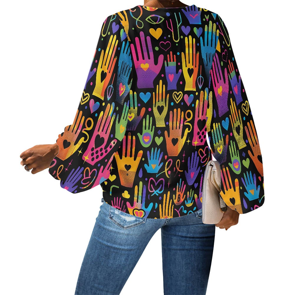 V-Neck Chiffon Puff Sleeve Blouse by Luxtrini
