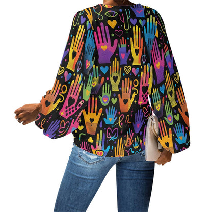 V-Neck Chiffon Puff Sleeve Blouse by Luxtrini