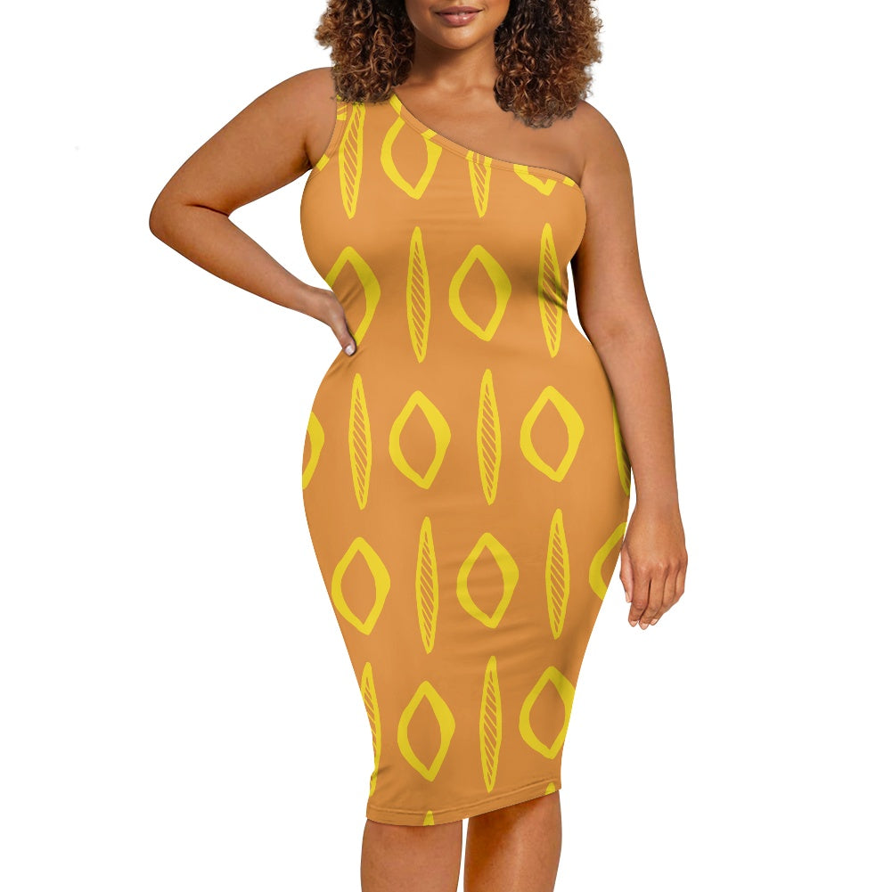 Discover Elegance: Luxtrini's One-Shoulder Slim Dress - Orange Mudcloth