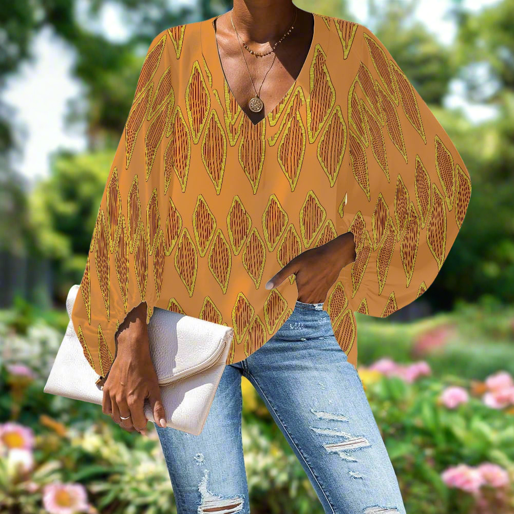 African Orange Mudcloth V-Neck Chiffon Puff Sleeve Blouse by Luxtrini