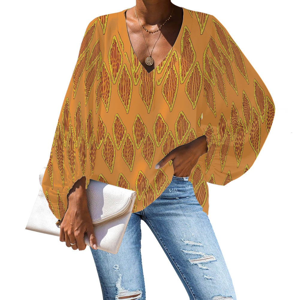 African Orange Mudcloth V-Neck Chiffon Puff Sleeve Blouse by Luxtrini 4XL