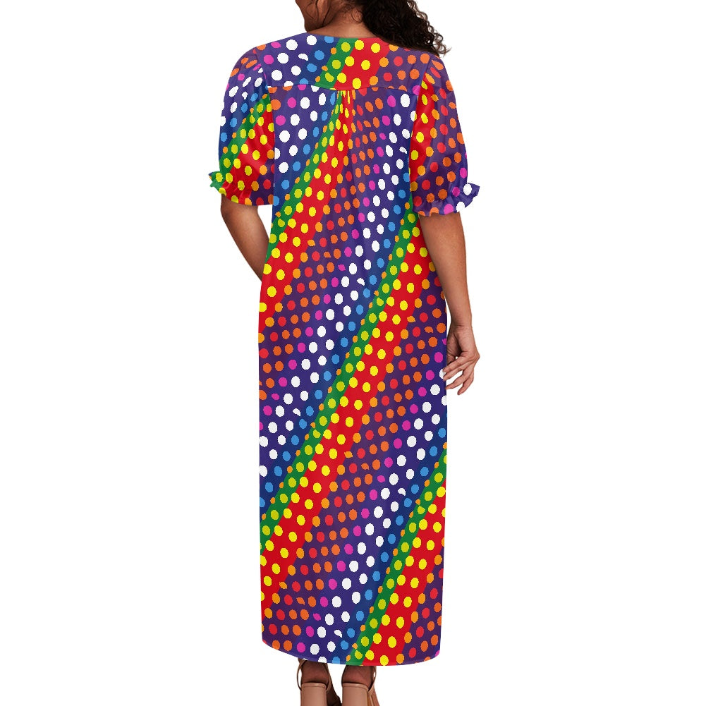 LGBTQ-Friendly Rainbow Polka Dot 
Elegant Loose-Fit Maxi Dress with Half Puff Sleeves, Button-Down Front, and Gathered Yoke – Perfect for Summer by Luxtrini