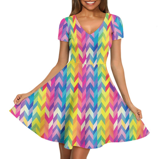 Women V-Neck Short Sleeve Ruffle Dress
