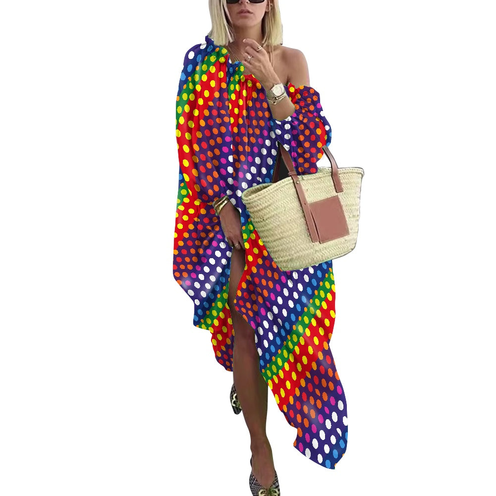 LGBTQ-Friendly Rainbow Polka Dot Chic Elegant Off-Shoulder Maxi Dress with Puff Sleeves, Cinched Waist, and Stylish Waist Tie by Luxtrini