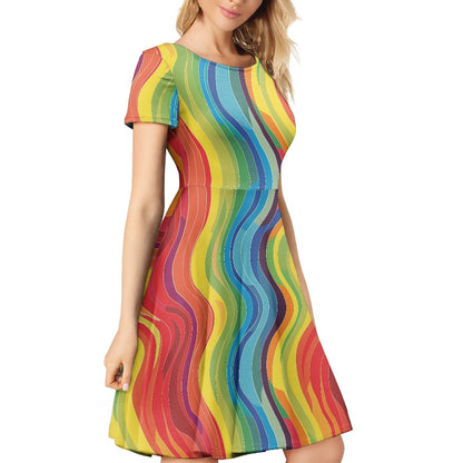 Women Scoop Neck Short Sleeve Ruffle Dress