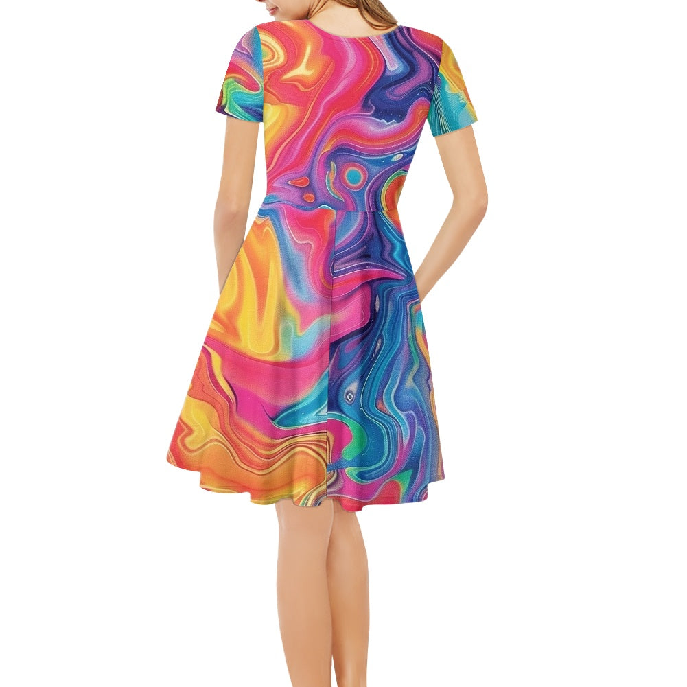 Women V-Neck Short Sleeve Ruffle Dress