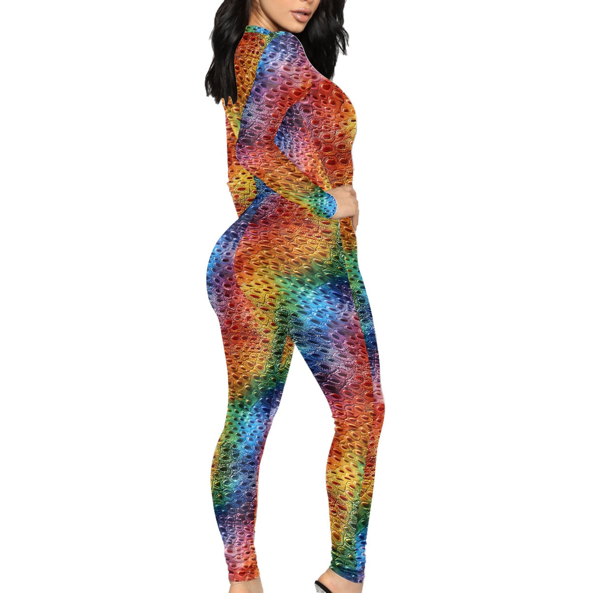 Unique Ostrich Skin pattern Rainbow Pride Women's Plunging Neck Jumpsuit