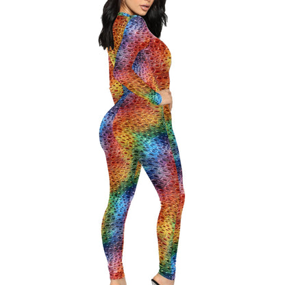 Unique Ostrich Skin pattern Rainbow Pride Women's Plunging Neck Jumpsuit